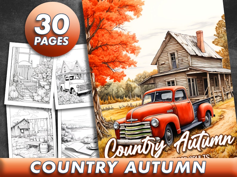 May include: A colouring book with 30 pages featuring country scenes with a red truck, a farmhouse, and autumn foliage. The cover features a red truck driving down a dirt road with a farmhouse in the background. The text "Country Autumn" is printed on the cover.