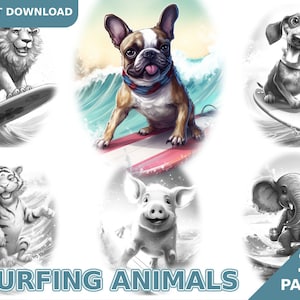Surfing Animals Coloring Book - Adult Coloring Pages, Coloring Book For Kids Instant Download, Grayscale Coloring Book, Printable PDF File