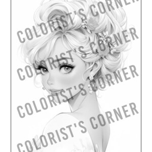 Peut inclure: Illustration en noir et blanc d'une femme avec les cheveux coiff&eacute;s en chignon. Elle porte une robe blanche et a une fleur dans les cheveux.