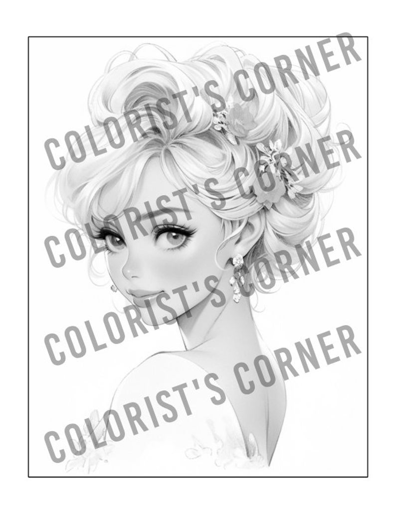 Peut inclure: Illustration en noir et blanc d'une femme avec les cheveux coiff&eacute;s en chignon. Elle porte une robe blanche et a une fleur dans les cheveux.