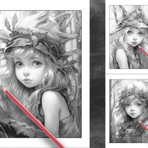 26 Pages Cute Forest Girls Coloring Book Adult Coloring Pages, Instant Download, Grayscale Coloring Book, Printable PDF File image 4
