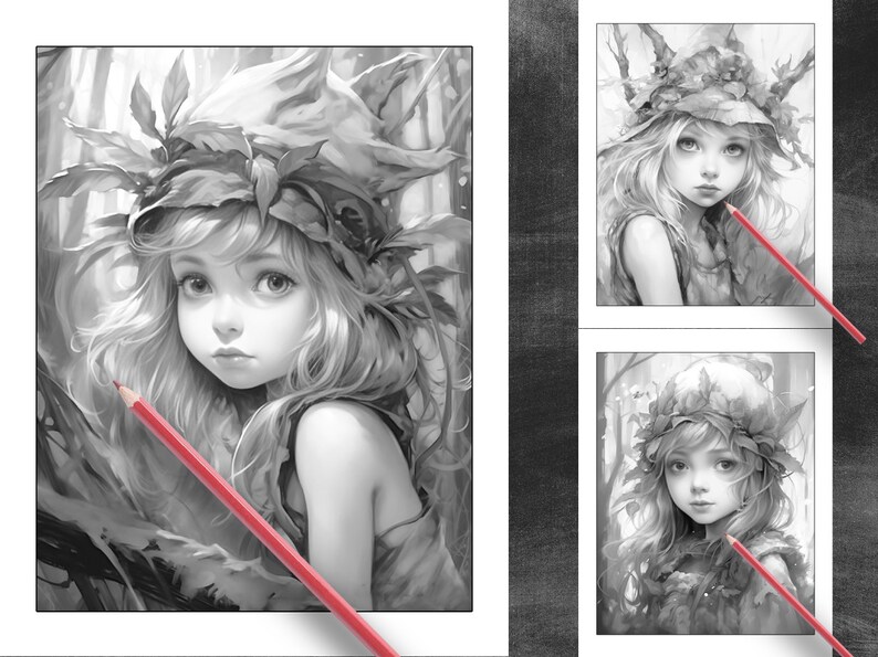 26 Pages Cute Forest Girls Coloring Book Adult Coloring Pages, Instant Download, Grayscale Coloring Book, Printable PDF File image 4