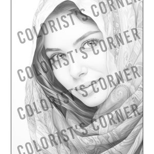 May include: A black and white drawing of a woman wearing a patterned headscarf. The woman is looking to the side and has a soft smile on her face.