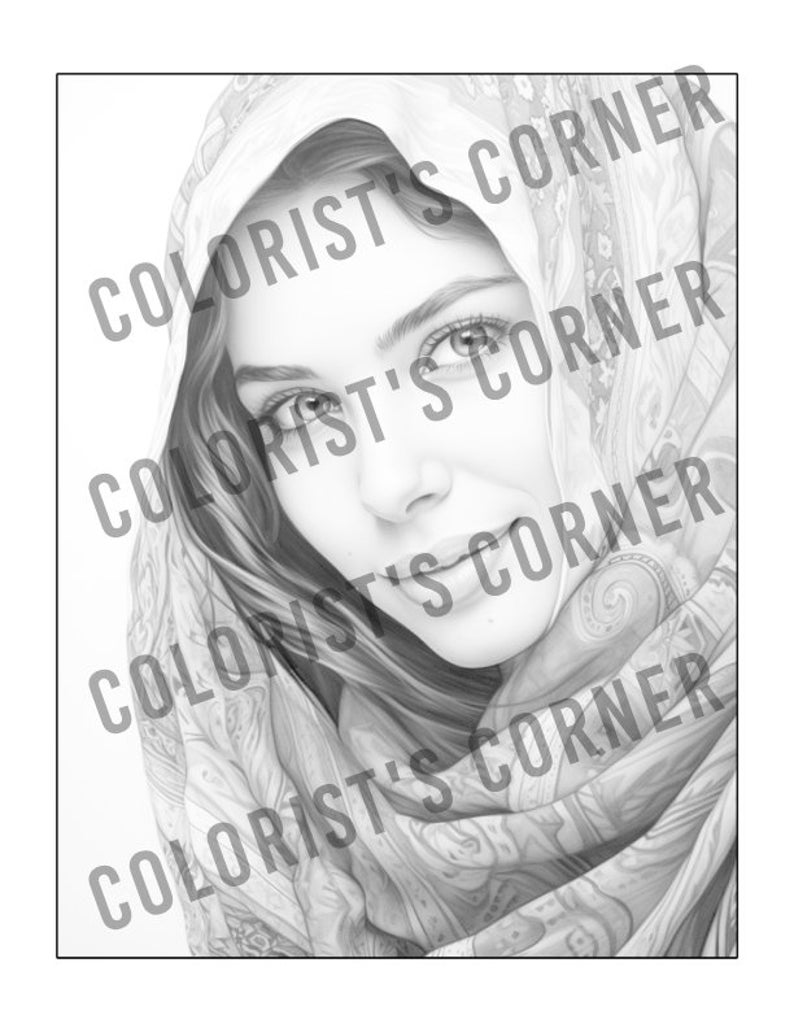 May include: A black and white drawing of a woman wearing a patterned headscarf. The woman is looking to the side and has a soft smile on her face.