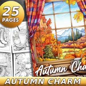 30 Pages Autumn Charm Country Fall Coloring Book Adult Coloring Pages, Instant Download, Grayscale Coloring Book, Printable PDF File