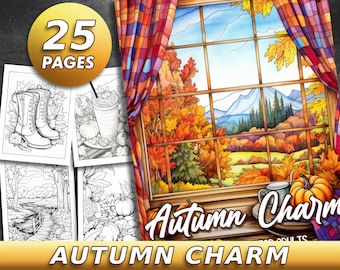 30 Pages Autumn Charm Country Fall Coloring Book Adult Coloring Pages, Instant Download, Grayscale Coloring Book, Printable PDF File