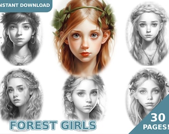 40 ページの森の女の子の塗り絵、大人の塗り絵、子供の塗り絵、即時ダウンロード、グレースケールの塗り絵、印刷可能な PDF ファイル