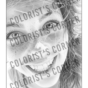 May include: A black and white pencil drawing of a young person with freckles smiling. The person's hair is long and flowing, and they are looking directly at the viewer.