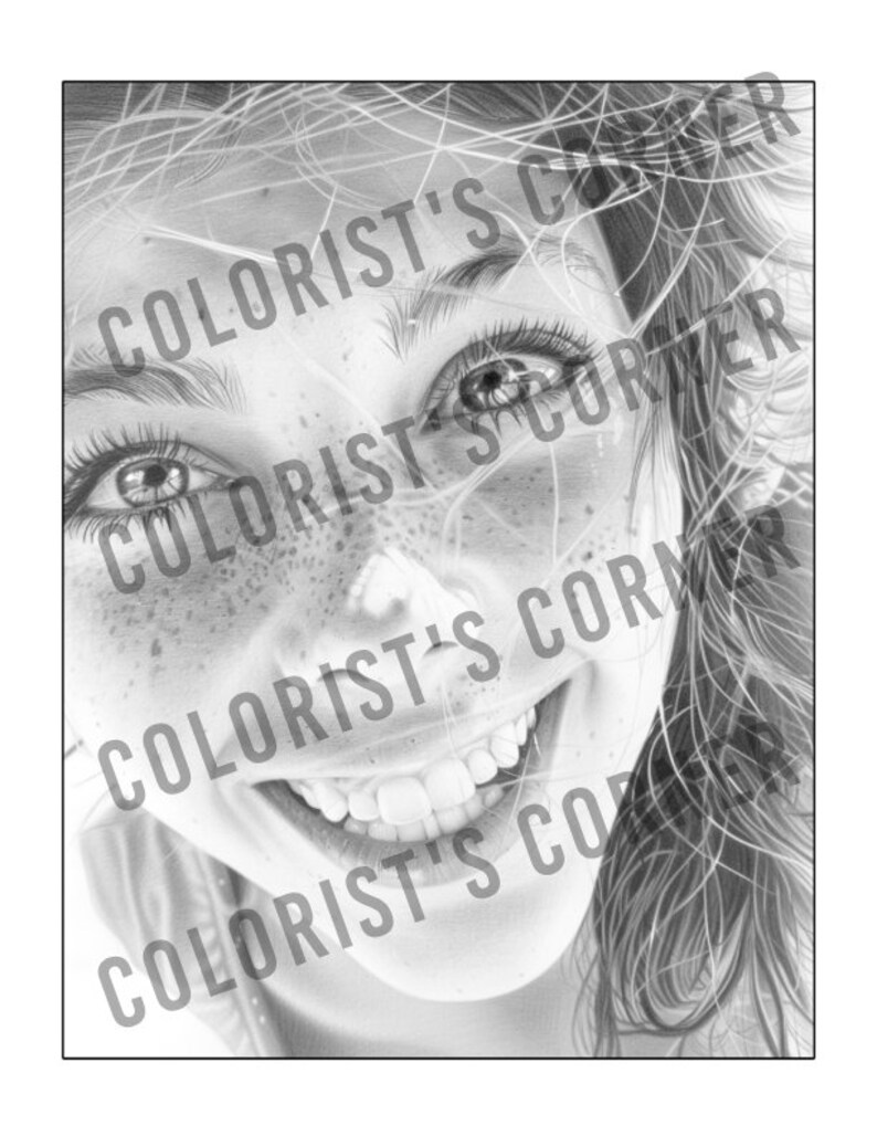 May include: A black and white pencil drawing of a young person with freckles smiling. The person's hair is long and flowing, and they are looking directly at the viewer.