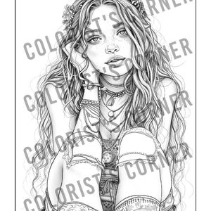 May include: A black and white line drawing of a woman with long, flowing hair. She is wearing a floral headband, a necklace, and bracelets. She is sitting with her legs crossed and her chin resting on her hand.