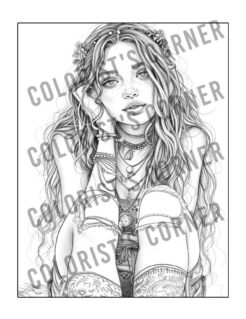 May include: A black and white line drawing of a woman with long, flowing hair. She is wearing a floral headband, a necklace, and bracelets. She is sitting with her legs crossed and her chin resting on her hand.