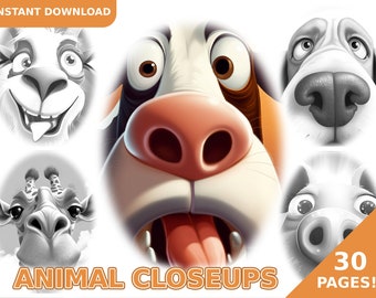 Animal Closeups Coloring Book - Adult Coloring Pages, Coloring Book For Kids Instant Download, Grayscale Coloring Book, Printable PDF File