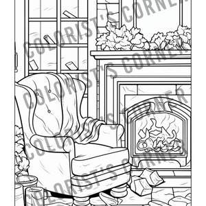 May include: A black and white line drawing of a cosy living room with a fireplace, a comfortable armchair, and a bookshelf. The fireplace has a fire burning inside and there are logs stacked nearby. The armchair is positioned near the fireplace and has a throw blanket draped over it. The bookshelf is filled with books and is located in the background of the image.