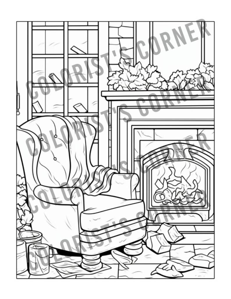 May include: A black and white line drawing of a cosy living room with a fireplace, a comfortable armchair, and a bookshelf. The fireplace has a fire burning inside and there are logs stacked nearby. The armchair is positioned near the fireplace and has a throw blanket draped over it. The bookshelf is filled with books and is located in the background of the image.