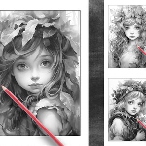 26 Pages Cute Forest Girls Coloring Book Adult Coloring Pages, Instant Download, Grayscale Coloring Book, Printable PDF File image 3