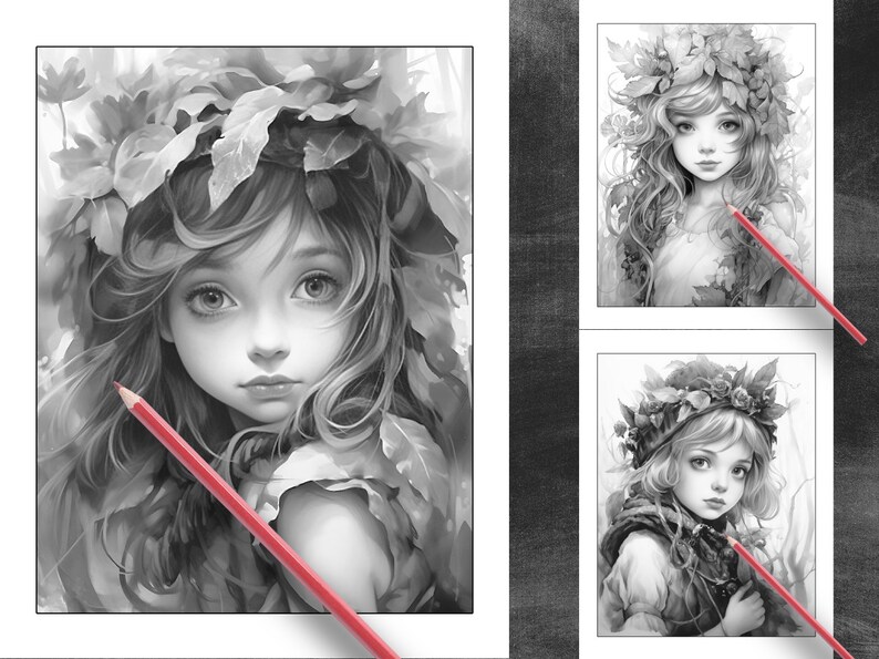 26 Pages Cute Forest Girls Coloring Book Adult Coloring Pages, Instant Download, Grayscale Coloring Book, Printable PDF File image 3