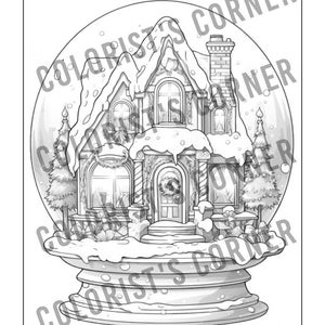 May include: A black and white illustration of a snow globe containing a house. The house has a snow-covered roof and a wreath on the door. There are trees and snow on the ground.