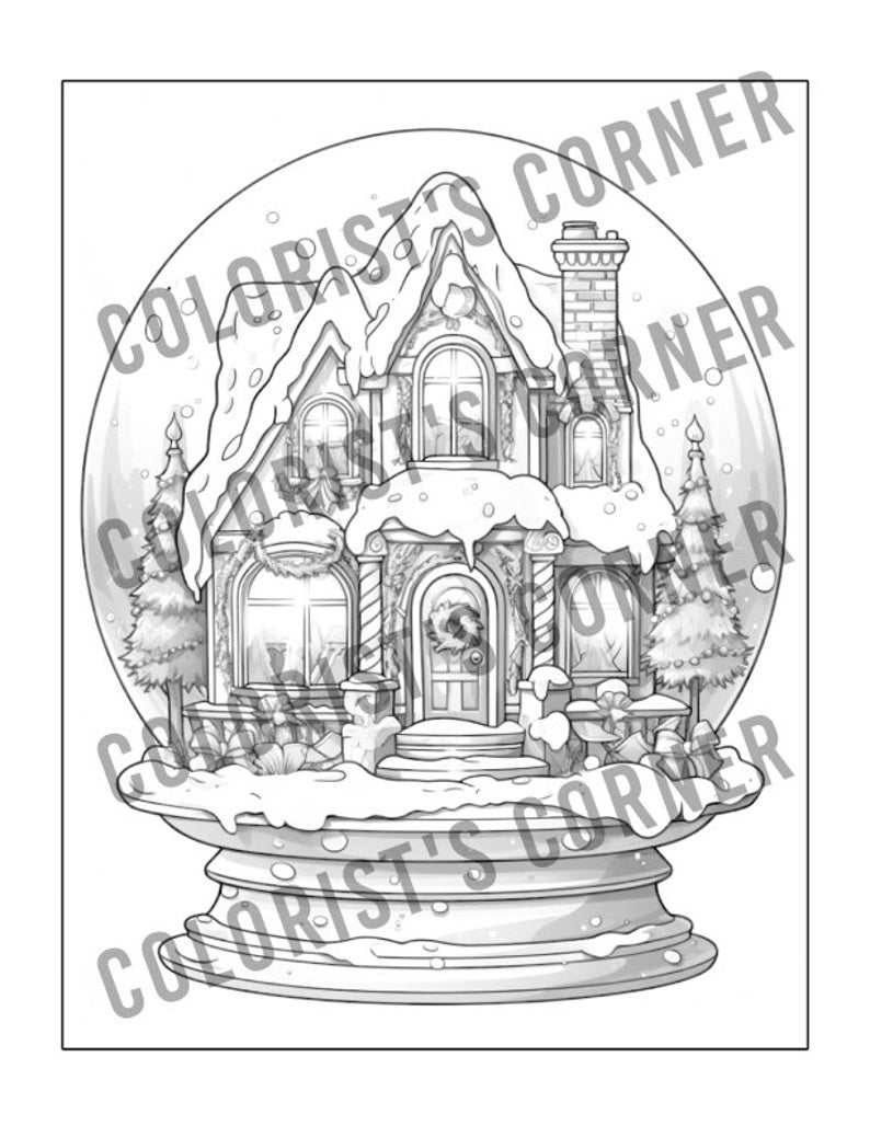 May include: A black and white illustration of a snow globe containing a house. The house has a snow-covered roof and a wreath on the door. There are trees and snow on the ground.