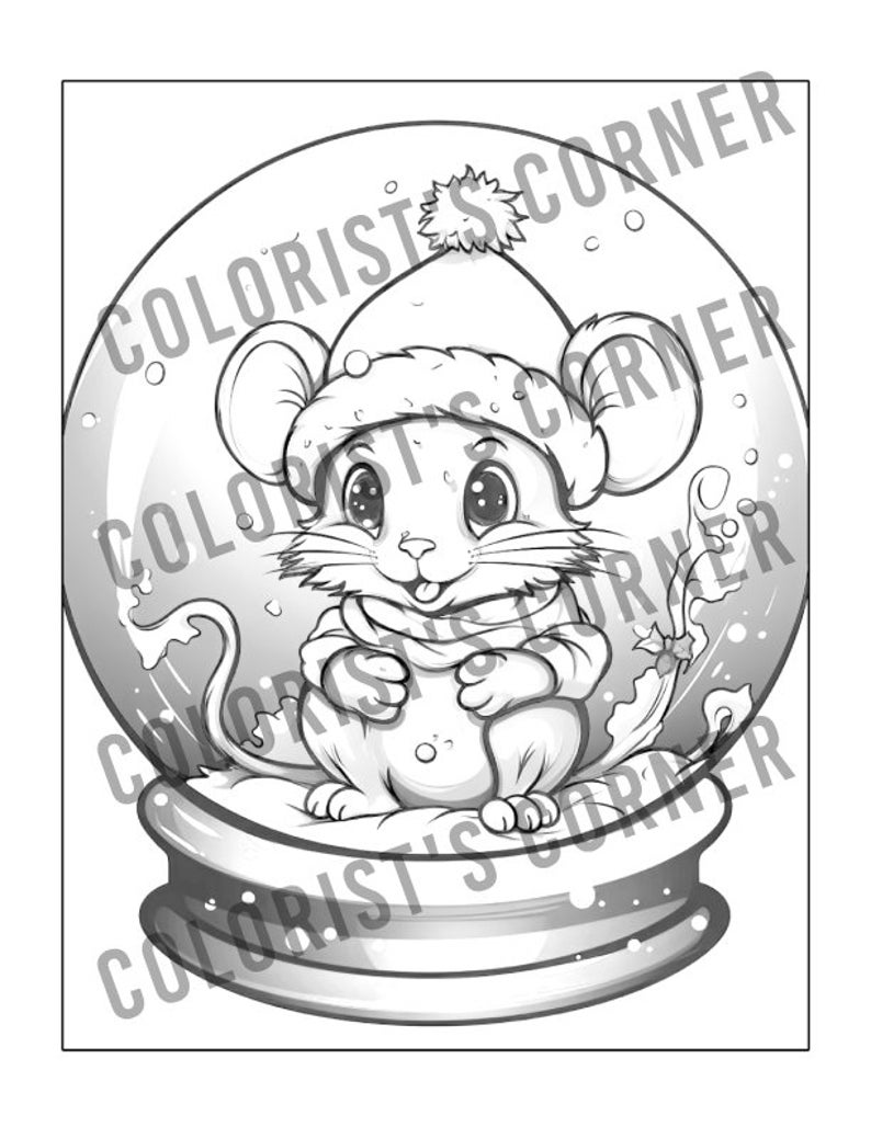 May include: A black and white illustration of a mouse wearing a Santa hat and scarf inside a snow globe. The mouse is smiling and holding its paws together. The snow globe is decorated with snowflakes and a sprig of holly.