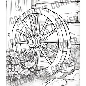 May include: A black and white line drawing of a wooden wagon wheel leaning against a wooden wall. The wheel has eight spokes and a metal hub. There are flowers and grass in the foreground.