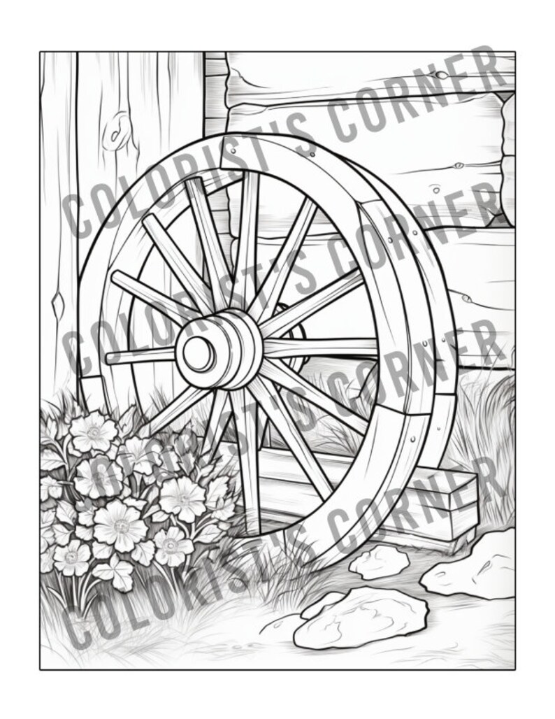 May include: A black and white line drawing of a wooden wagon wheel leaning against a wooden wall. The wheel has eight spokes and a metal hub. There are flowers and grass in the foreground.