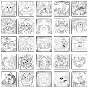 Op de afbeelding: Een set van 25 zwart-wit kleurplaten met schattige dieren die verliefd zijn voor Valentijnsdag. De illustraties bevatten een konijn, een uil, een eekhoorn, een vos, een egel, een wasbeer en muizen.
