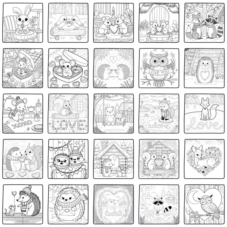 Op de afbeelding: Een set van 25 zwart-wit kleurplaten met schattige dieren die verliefd zijn voor Valentijnsdag. De illustraties bevatten een konijn, een uil, een eekhoorn, een vos, een egel, een wasbeer en muizen.