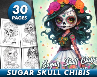 30 Pages Sugar Skull Chibi Coloring Book Adult Coloring Pages, Day of the Dead, Instant Download Halloween Coloring Pages Printable PDF File