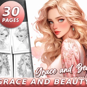 Peut inclure: Un livre de coloriage de 30 pages avec des illustrations de femmes aux cheveux longs et fluides et des d&eacute;tails floraux. La couverture pr&eacute;sente une femme aux cheveux blonds et un motif floral rose. Le titre du livre est "Grace and Beauty".
