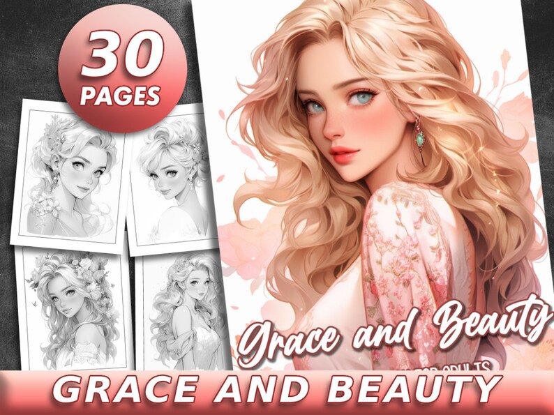 Peut inclure: Un livre de coloriage de 30 pages avec des illustrations de femmes aux cheveux longs et fluides et des d&eacute;tails floraux. La couverture pr&eacute;sente une femme aux cheveux blonds et un motif floral rose. Le titre du livre est "Grace and Beauty".