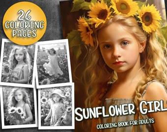 26 ひまわりの女の子の塗り絵 - 大人の塗り絵、子供の塗り絵、即時ダウンロード、グレースケールの塗り絵、印刷可能な PDF ファイル
