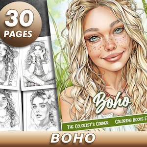 May include: A colouring book cover with a boho theme featuring a woman with long blonde hair and freckles. The cover has the text "Boho" and "The Colorist's Corner Colouring Books for Adults".