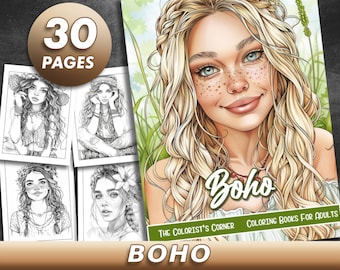 30 Pages Boho Coloring Book Adult Coloring Pages, Portrait Coloring Book, Instant Download, Grayscale Coloring Book, Printable PDF File