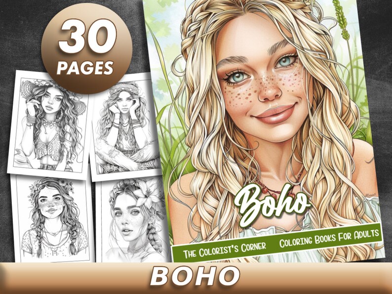 May include: A colouring book cover with a boho theme featuring a woman with long blonde hair and freckles. The cover has the text "Boho" and "The Colorist's Corner Colouring Books for Adults".