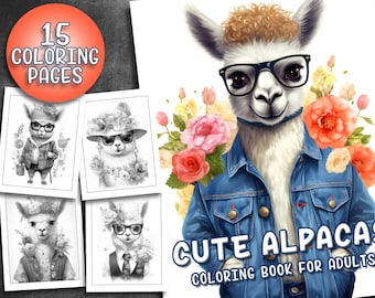 Cute Alpacas Coloring Book - Adult Coloring Pages,  Instant Download, Grayscale Coloring Book, Printable PDF File