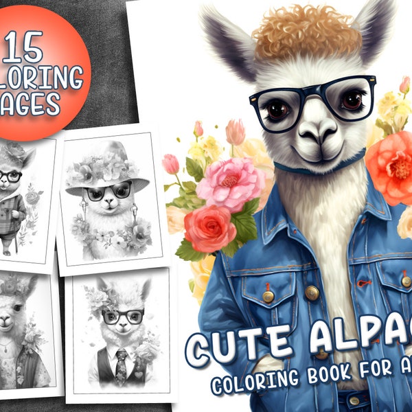 Cute Alpacas Coloring Book - Adult Coloring Pages,  Instant Download, Grayscale Coloring Book, Printable PDF File