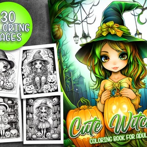 30 Pages Cute Witches Coloring Book Halloween Adult Coloring Pages, Instant Download, Grayscale Coloring Book, Printable PDF File