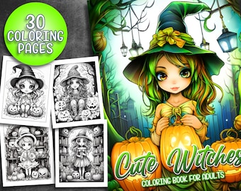 Könnte beinhalten: Ein Malbuchcover mit einer niedlichen Hexe mit grünen Haaren und einem grünen Hut, die einen Kürbis hält. Der Text auf dem Cover lautet "Cute Witches Coloring Book for Adults".