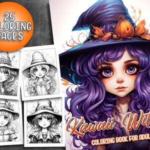 25 Pages Kawaii Witches Coloring Book Halloween Adult Coloring Pages, Instant Download, Grayscale Coloring Book, Printable PDF File