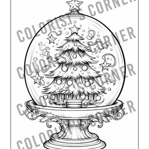 May include: A black and white line drawing of a snow globe containing a Christmas tree. The snow globe sits on an ornate pedestal and is filled with snowflakes and other festive decorations.