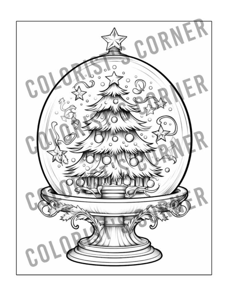 May include: A black and white line drawing of a snow globe containing a Christmas tree. The snow globe sits on an ornate pedestal and is filled with snowflakes and other festive decorations.