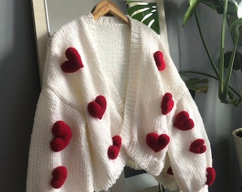 Heart Cardigan, Handmade Cardigan, Red Heart Cardigan, Knitted Cardigan, Knit cardigan