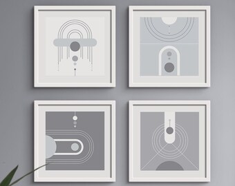 Mid Century Modern Poster 4er Set, Geometrische Drucke, Art Deco Boho, Blau, Wandkunst Set, Art Print, Retro Wanddekor, Nursery, Download
