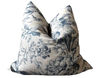 Rowynn Pillow Cover, Vintage Floral, Navy and Tan, Designer, Bohemian Eclectic, Linen, Beautiful Pattern, Soft, Natural Texture, Rennah
