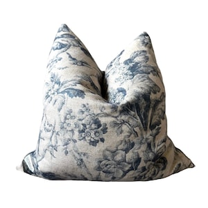 Rowynn Pillow Cover, Vintage Floral, Navy and Tan, Designer, Bohemian Eclectic, Linen, Beautiful Pattern, Soft, Natural Texture, Rennah