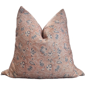 Jemma Pillow Cover, Mauve, Cream, Blue, Floral, Designer, Bohemian Eclectic, Linen, Beautiful, Soft, Natural Texture, Vintage, Rennah