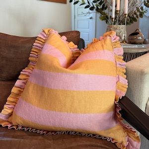 Sunny Delight Striped-Ruffle Pillow Cover, Pink, Tangerine, Striped, Bohemian Eclectic, Beautiful, Soft, Natural Texture, Rennah, Vintage,