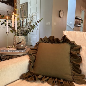 Hunter Green Linen-Ruffle Pillow Cover, Green, Brown Piping, Natural Texture