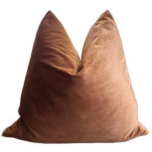 May include: A brown velvet pillow with a square shape and a soft, plush texture.