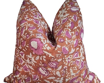 Monroe Pillow Cover, Floral, White, Burnt Orange, Pink, Flowers, Bohemian Eclectic, Linen, Beautiful, Soft, Natural Texture, Vintage, Rennah